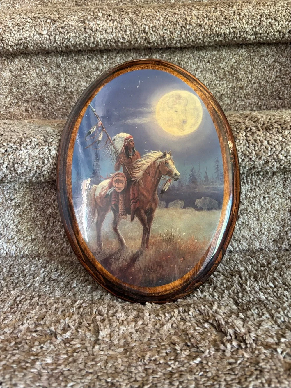 Native American Horse Moonlight Wall Plaque - Brown